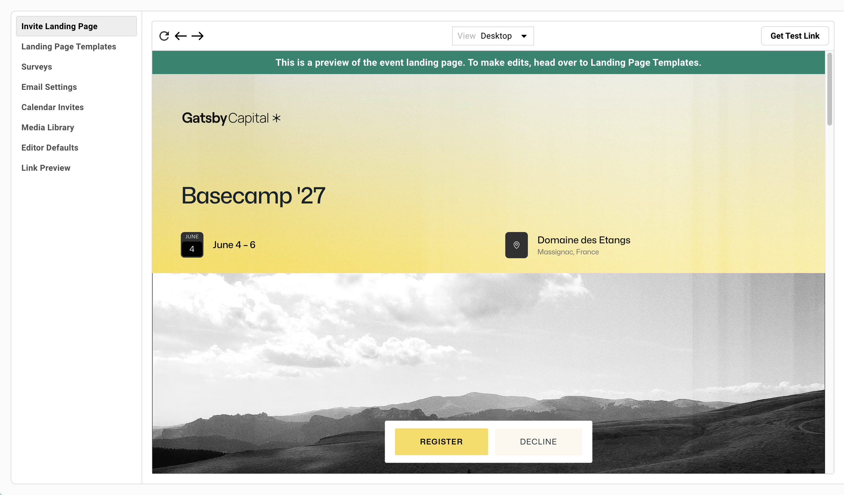 An example of what an event registration website looks like in Gatsby. 