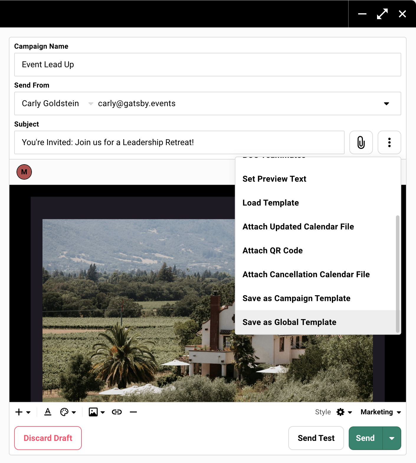 Saving an email as a template to use in future events.