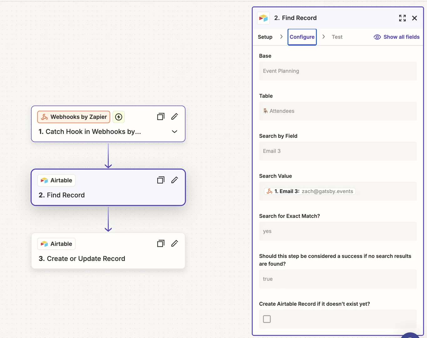 Screenshot showing Airtable Find Record action with email lookup